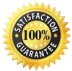 A gold seal badge with black center displaying the words Satisfaction Guarantee 100% in bold letters, indicating a full satisfaction guarantee.